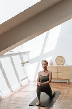 A senior woman doing yoga in a sunlit room, exuding calmness and focus.