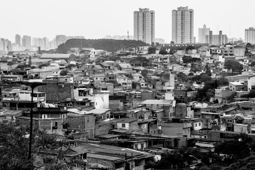 Aerial view of the dense urban landscape of Santo André, SP, Brazil in monochrome.