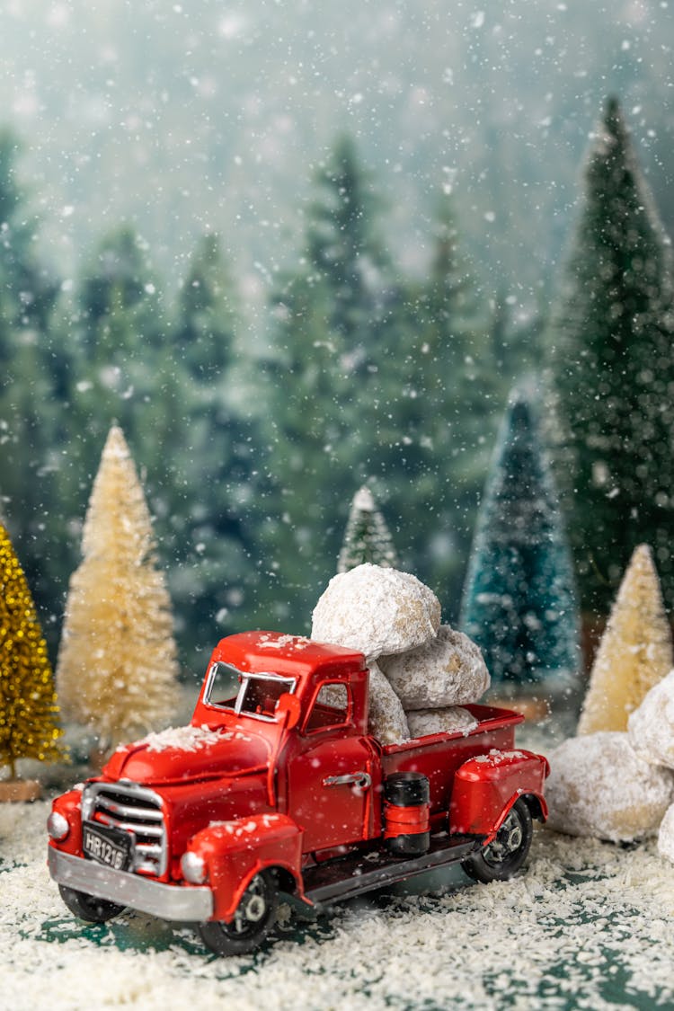 Red Vintage Toy Truck And Christmas Trees 