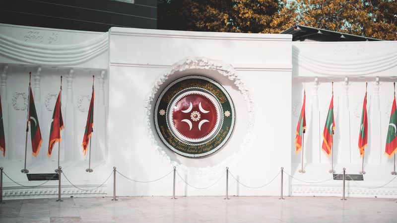 Victory Monument in Male with Maldivian flags