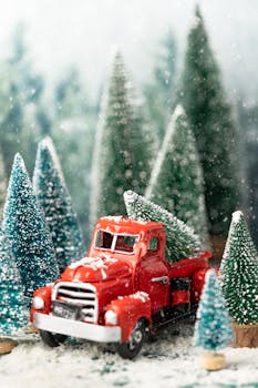 Festive scene with a red toy truck in a snow-dusted, miniature pine forest.