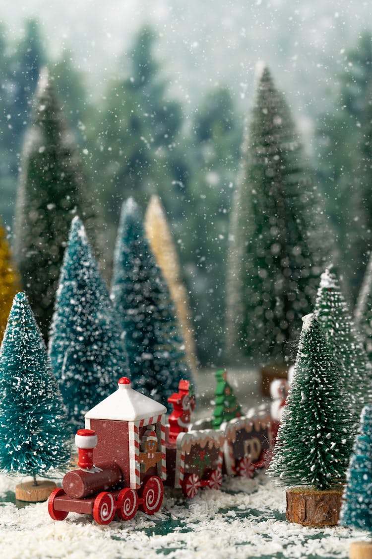 Close Up Of Christmas Train And Trees