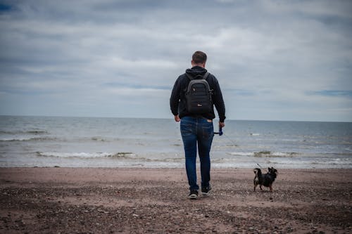 A Man Walking at the Bach With His Dog 