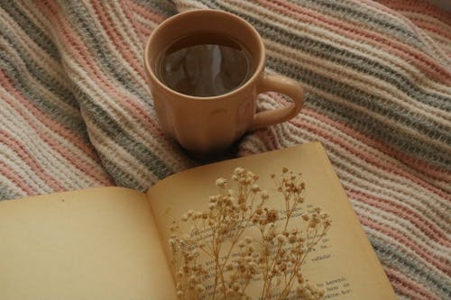 Free Close-Up Photo of a Cup of Tea Beside a Book with Dry Flowers Stock Photo