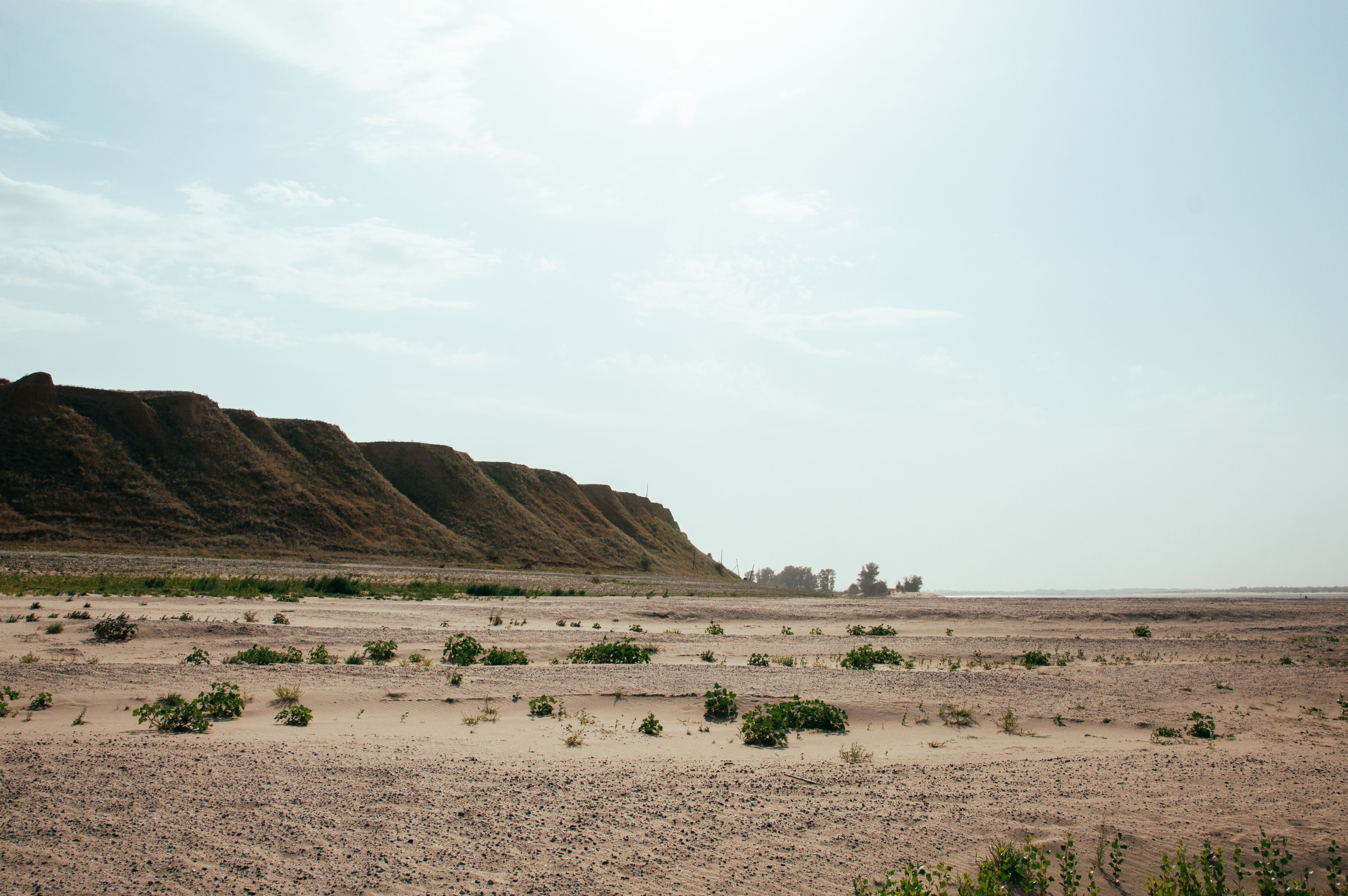 Expansive dry landscape with hills and sparse vegetation under a bright sky in Astrakhan Oblast, Russia.