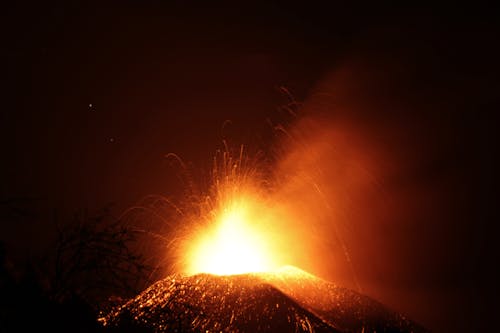 Sparks and Lava Erupting out of Volcano
