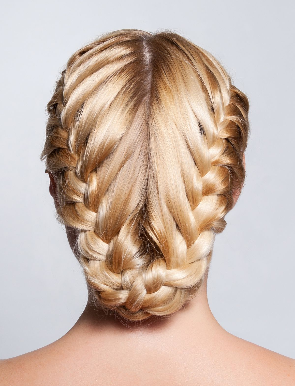 Close-up of a blonde double braid hairstyle seen from behind