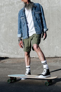 Man skateboarding outdoors wearing denim jacket, shorts, and sneakers. Urban style and leisure activity.