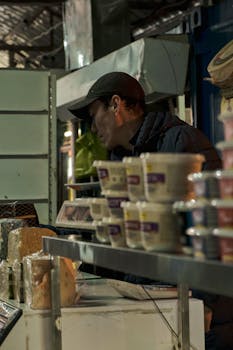 A man selling products at a local market stall with various items displayed.