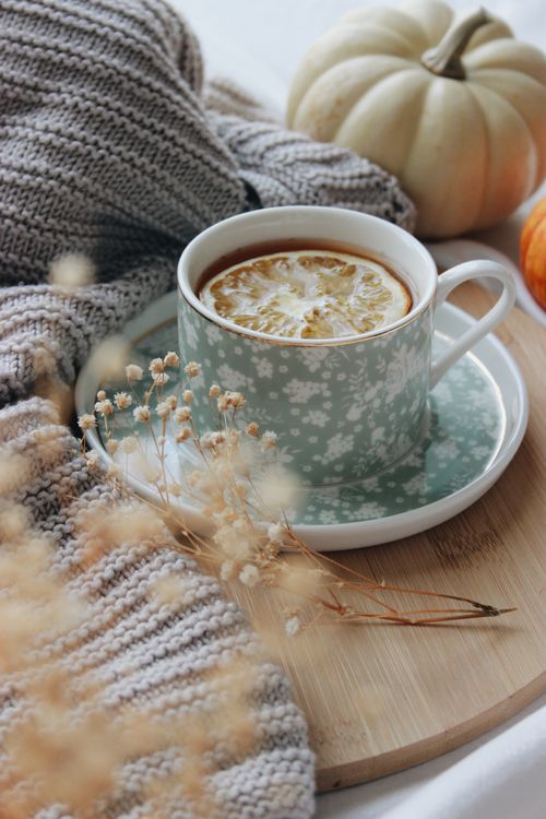 Free Warm autumn tea with lemon in a floral cup surrounded by pumpkins and cozy decor. Stock Photo