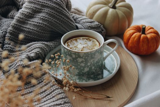 A warm cup of tea with lemon surrounded by pumpkins and a knit blanket, perfect for autumn vibes.