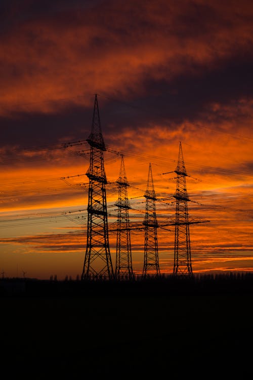 Electricity Pylons on Field at Sunset