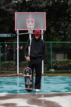 Young skateboarder in a hoodie stands on a basketball court with a skateboard.