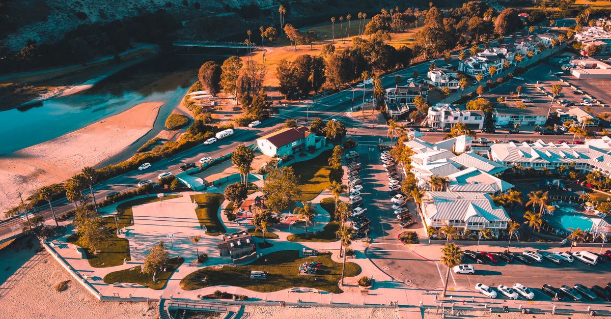 Stunning aerial view of Avila Beach, showcasing its coastline and landscape.