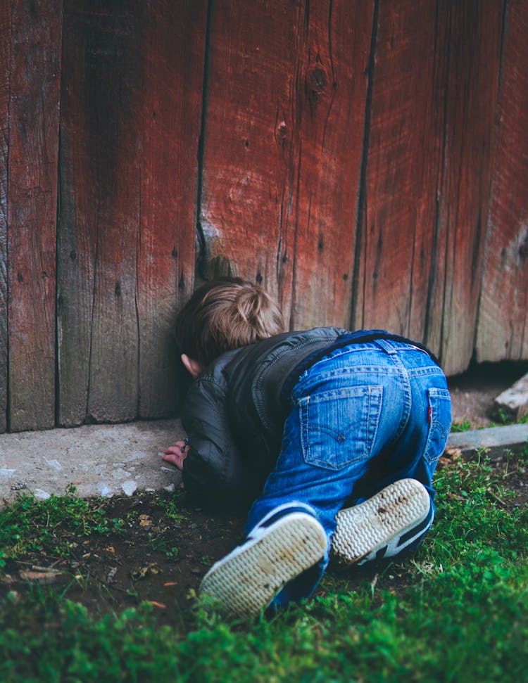 Photo Of Boy Peeking On Brown Wooden Fence