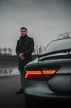 Portrait of a man in Moscow standing by a sleek car on a city street.