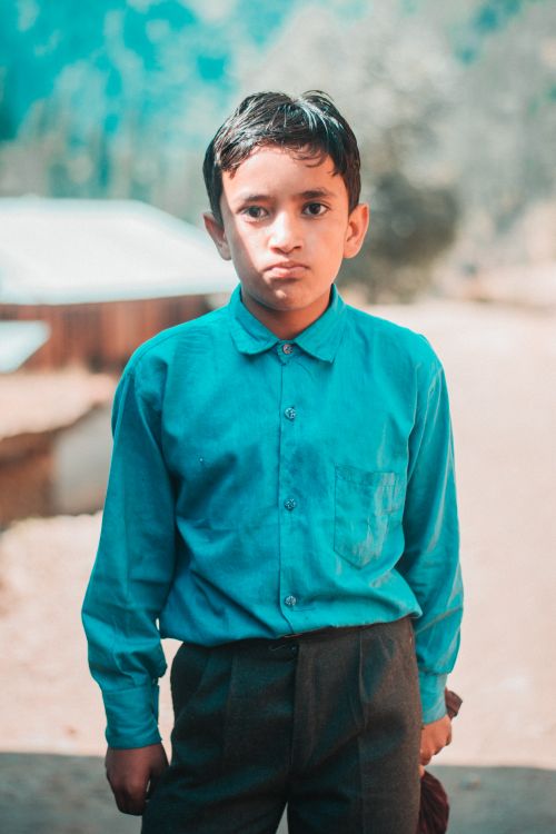 Free A young boy in a blue shirt poses outdoors, capturing a thoughtful expression. Stock Photo
