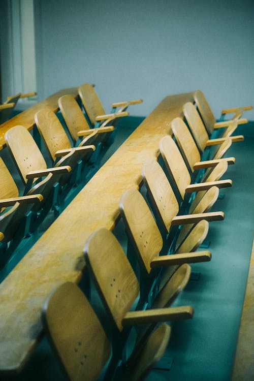 Free Empty Seats of Brown Wooden Foldable Chairs in the Room Stock Photo