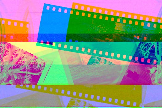 Vibrant display of overlapping photographic film rolls in abstract colors.