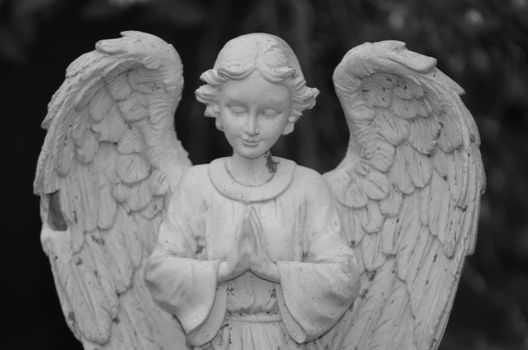Elegant black and white image of a peaceful angel statue with folded hands and wings.