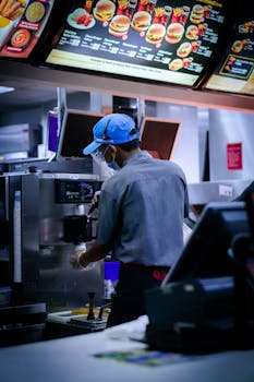 Fast food worker prepares an order behind the counter at a restaurant in Jawa Barat, Indonesia.