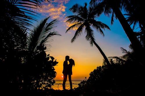 wedding destination, Silhouette of Man and Woman Kissing
