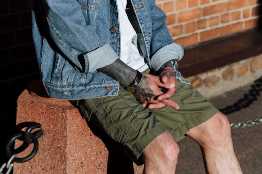 Close-up of a tattooed man sitting on a bollard. Casual denim and shorts style.