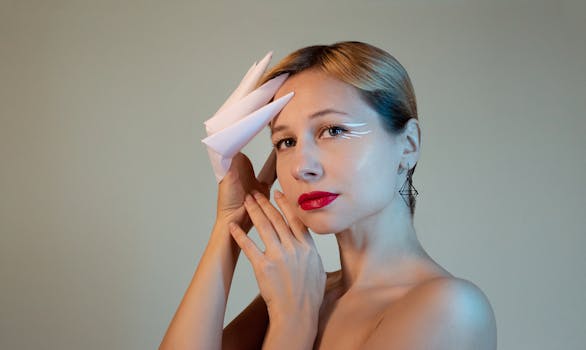 Elegant studio photo of a woman with geometric makeup and a unique paper headpiece.