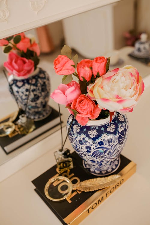 Pink Roses in Blue and White Floral Vase