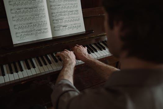 A musician playing piano with sheet music on display for perfect harmony.