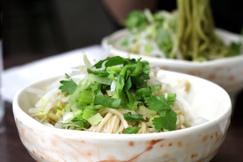 Pasta Dish Inside Round Ceramic Bowl