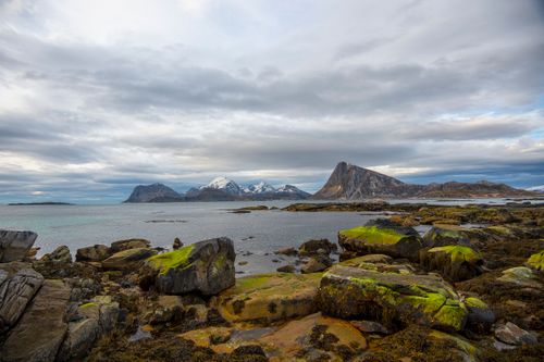 Free Captivating view of mossy rocks and dramatic mountains in Storsandnes, Norway under a cloudy sky. Stock Photo
