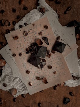 Artistic flat lay of chocolate, hazelnuts, and coffee beans on vintage paper.