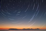 黄昏时分，海洋地平线上曝光出令人惊叹的长时间恒星轨迹