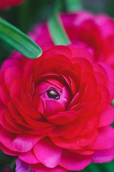 特写镜头展示了一朵盛开的红色毛茛花，其充满活力的分层花瓣精致动人