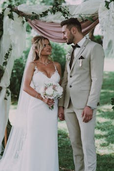Beautiful outdoor wedding ceremony featuring a bride and groom under a floral arch.