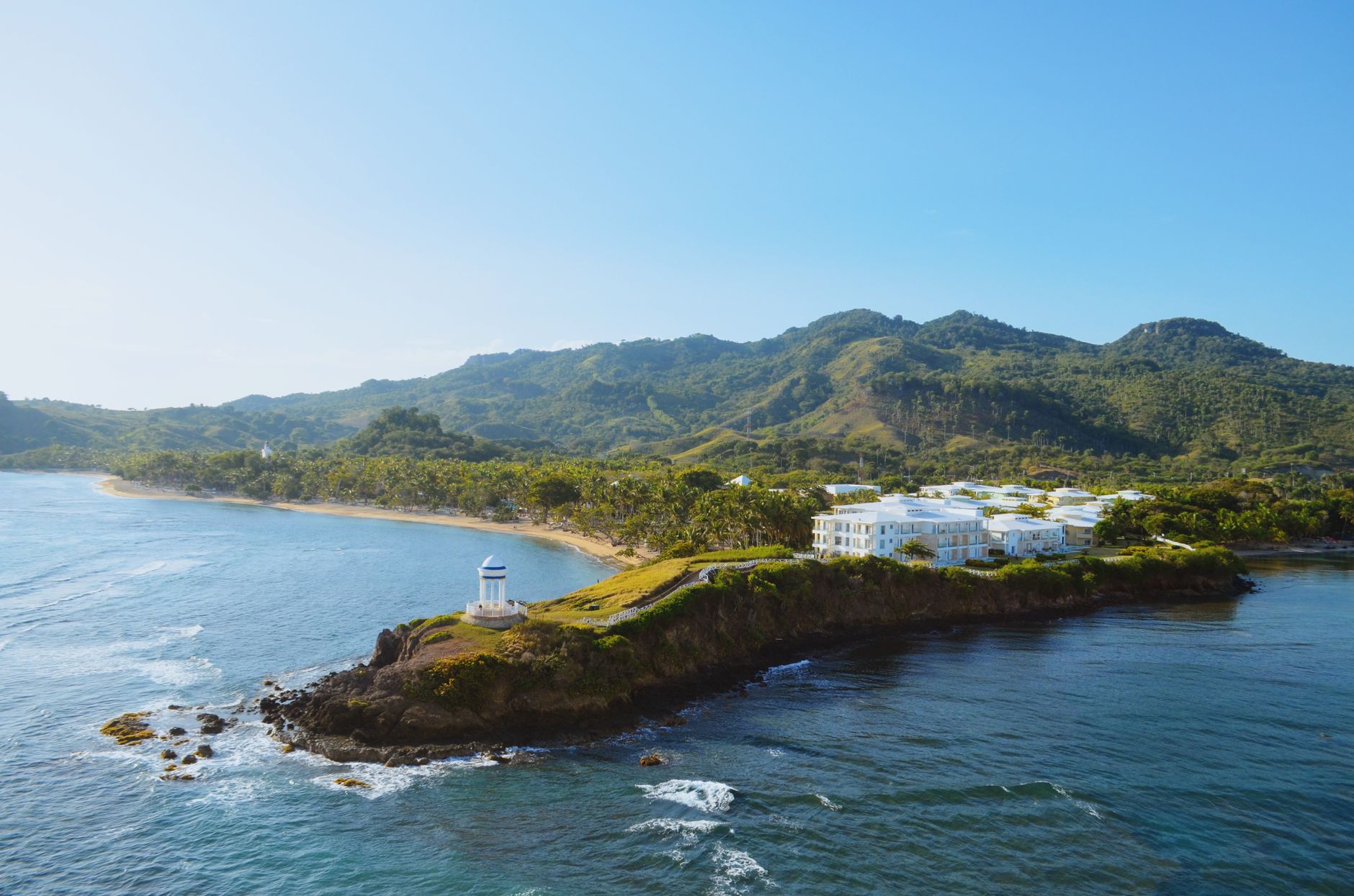 Aerial view of a picturesque resort on the coastline of the Dominican Republic.