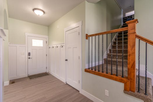 Bright entryway featuring wooden stairs, white door, and wall-mounted coat hooks.