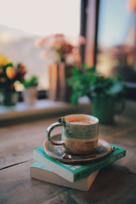 A warm cup of coffee resting on a stack of books by a sunny window