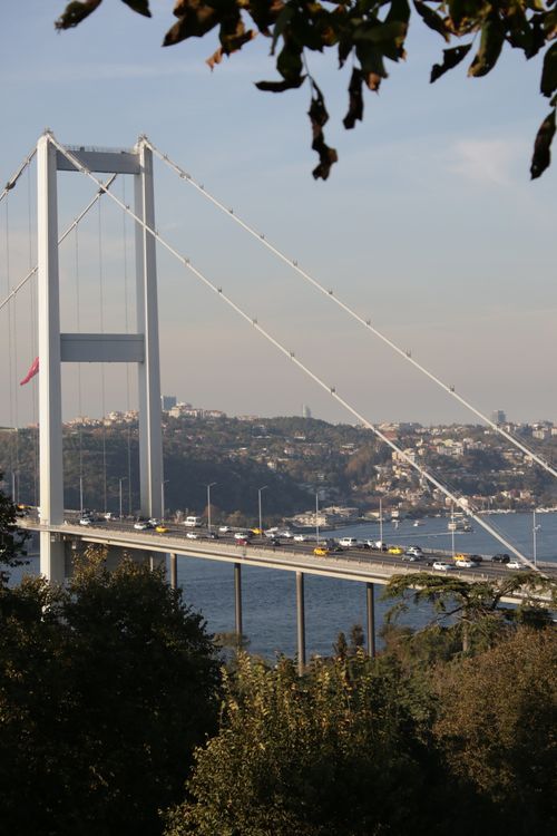 Free Suspension bridge view over Bosphorus with cityscape and traffic. Stock Photo