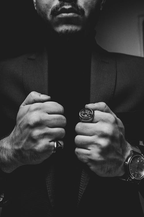 Free Black and White Photo of a Man with Rings Stock Photo