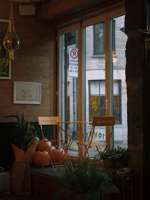 Interior of a Cafe Decorated with Pumpkins