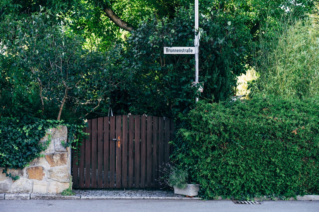 rustic wooden gate surrounded by lush greenery and street sign on a su