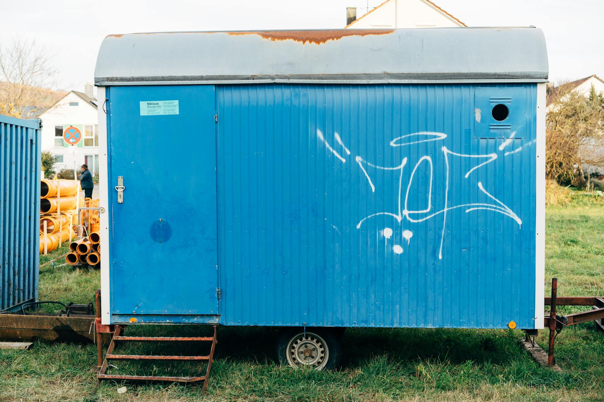 Blue Trailer on a Construction Site