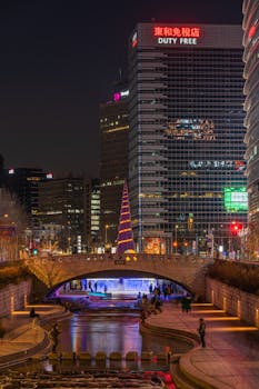 Vibrant Seoul cityscape at night featuring illuminated bridge, skyscrapers, and reflections.