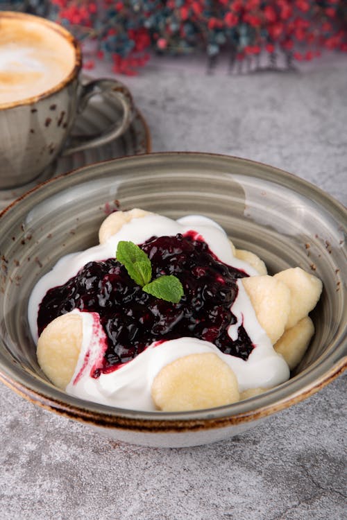 Free Dessert with Yogurt and Jam in Bowl Stock Photo