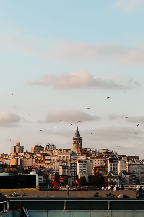 Free Panoramic view of Galata Tower among Istanbul's skyline with birds and clouds during daytime. Stock Photo