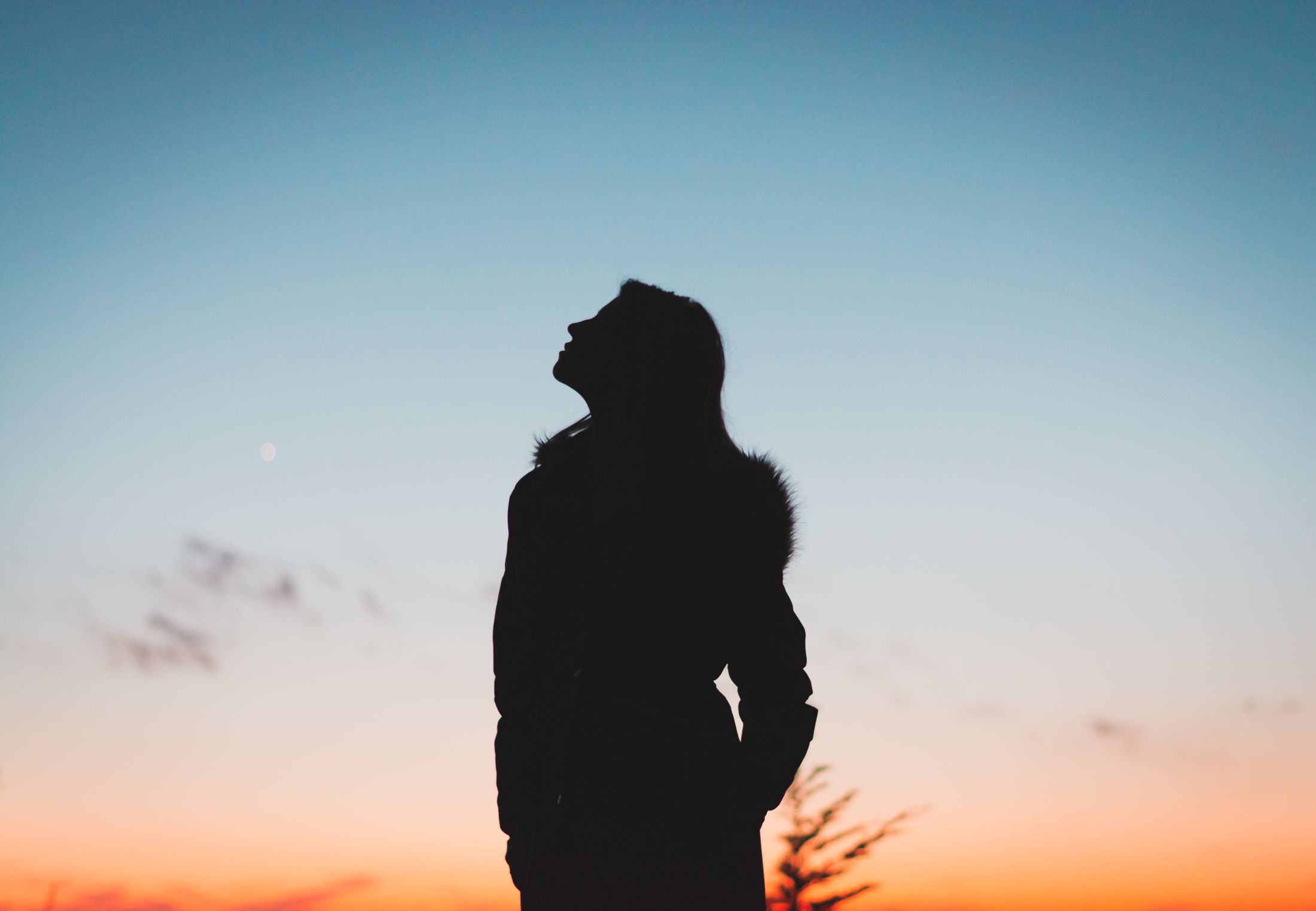 A person standing in profile, looking up at a wide dusk sky. Photo by Max Andrey on Pexels.