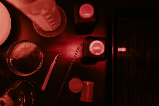 Developing Equipment on Table in Darkroom