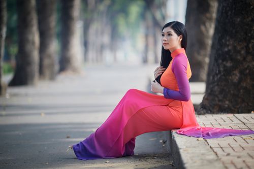 Free A beautiful woman wearing a colorful áo dài sits gracefully on a tree-lined path. Stock Photo